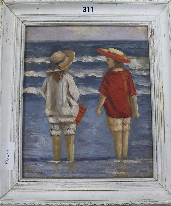 An oil of two children at the beach, 25 x 30cm